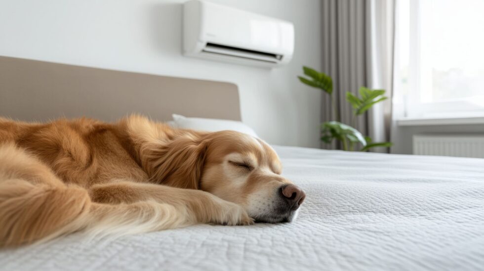 エアコンのついた部屋で休む犬